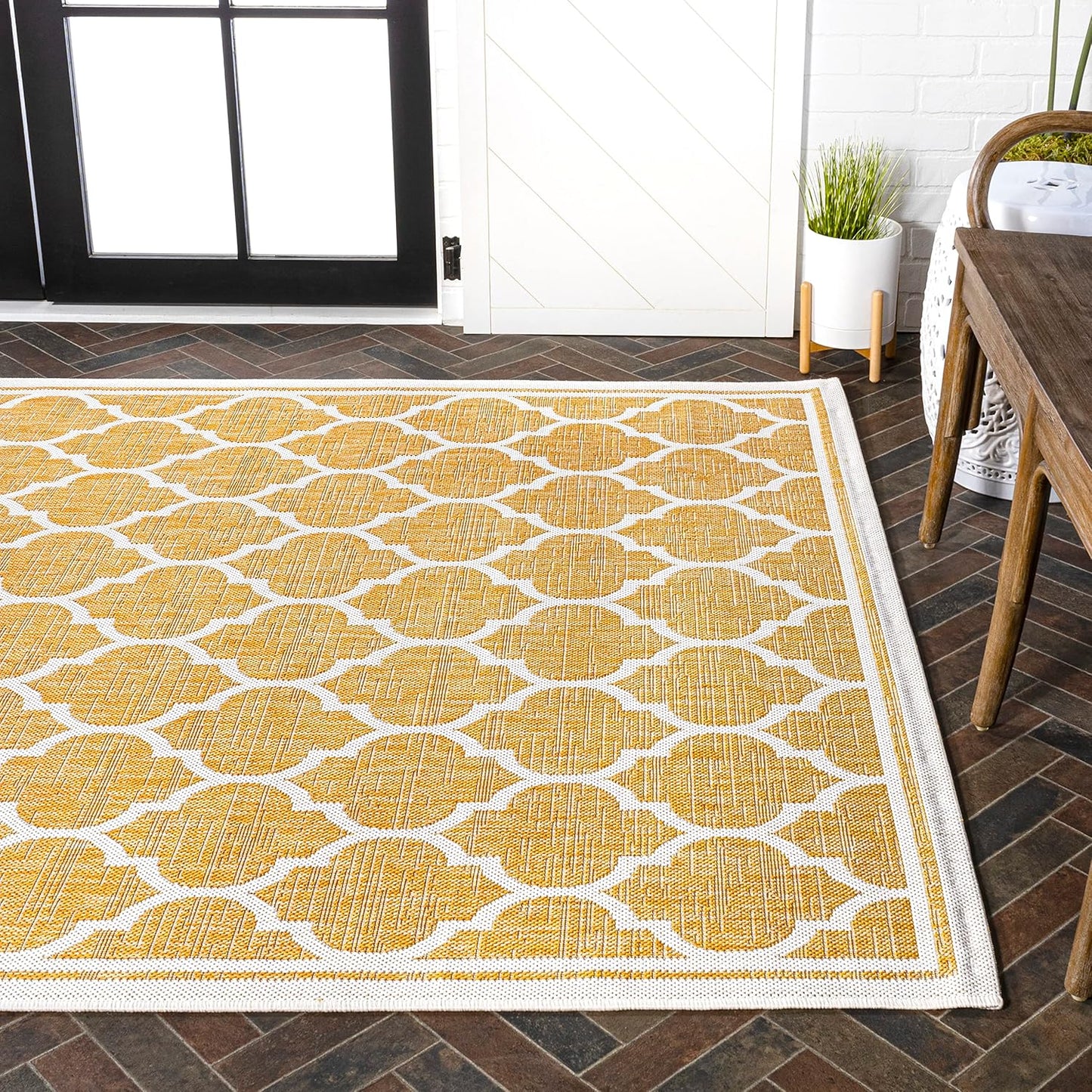 Eyely BMS109F-4 Santa Monica Trebol Moroccan Trellis Textured Weave Indoor/Outdoor Area Rug Coastal;Bohemian, Bedroom, Backyard, Patio, Easy-Cleaning, Non-Shedding, 4 X 6, Yellow/Cream