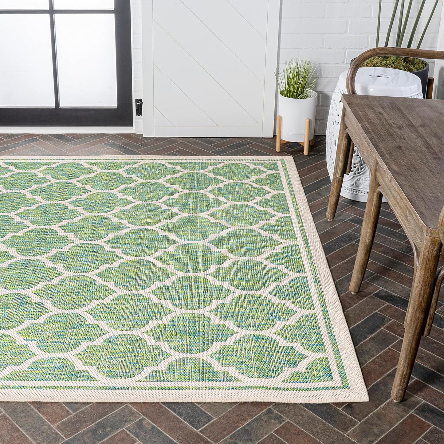 Eyely BMS109I-4 Santa Monica Trebol Moroccan Trellis Textured Weave Indoor/Outdoor Area Rug Coastal;Bohemian, Bedroom, Backyard, Patio, Easy-Cleaning, Non-Shedding, 4 X 6, Cream/Green