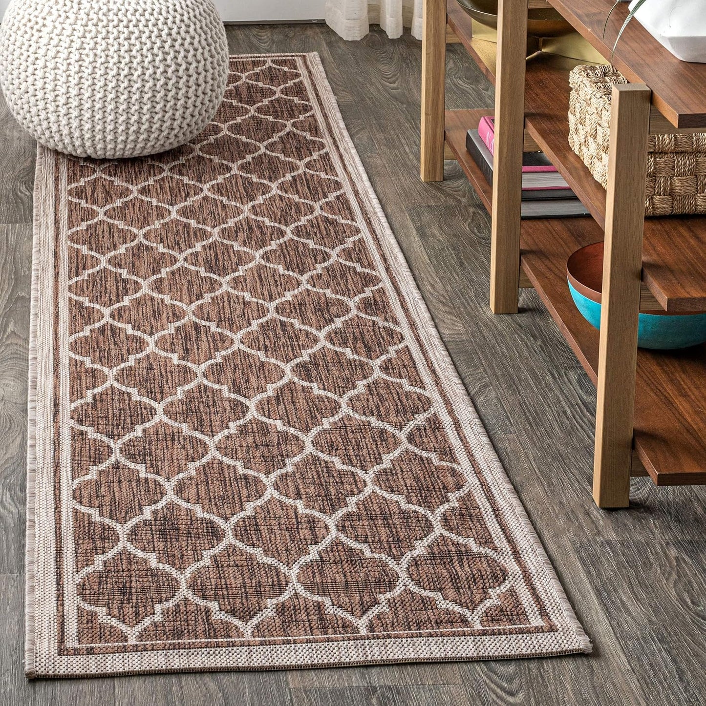 Eyely BMS109B-210 Santa Monica Trebol Moroccan Trellis Textured Weave Indoor/Outdoor Runner Rug Coastal;Bohemian, Bedroom, Backyard, Patio, Easy-Cleaning, Non-Shedding, 2 X 10, Espresso/Taupe