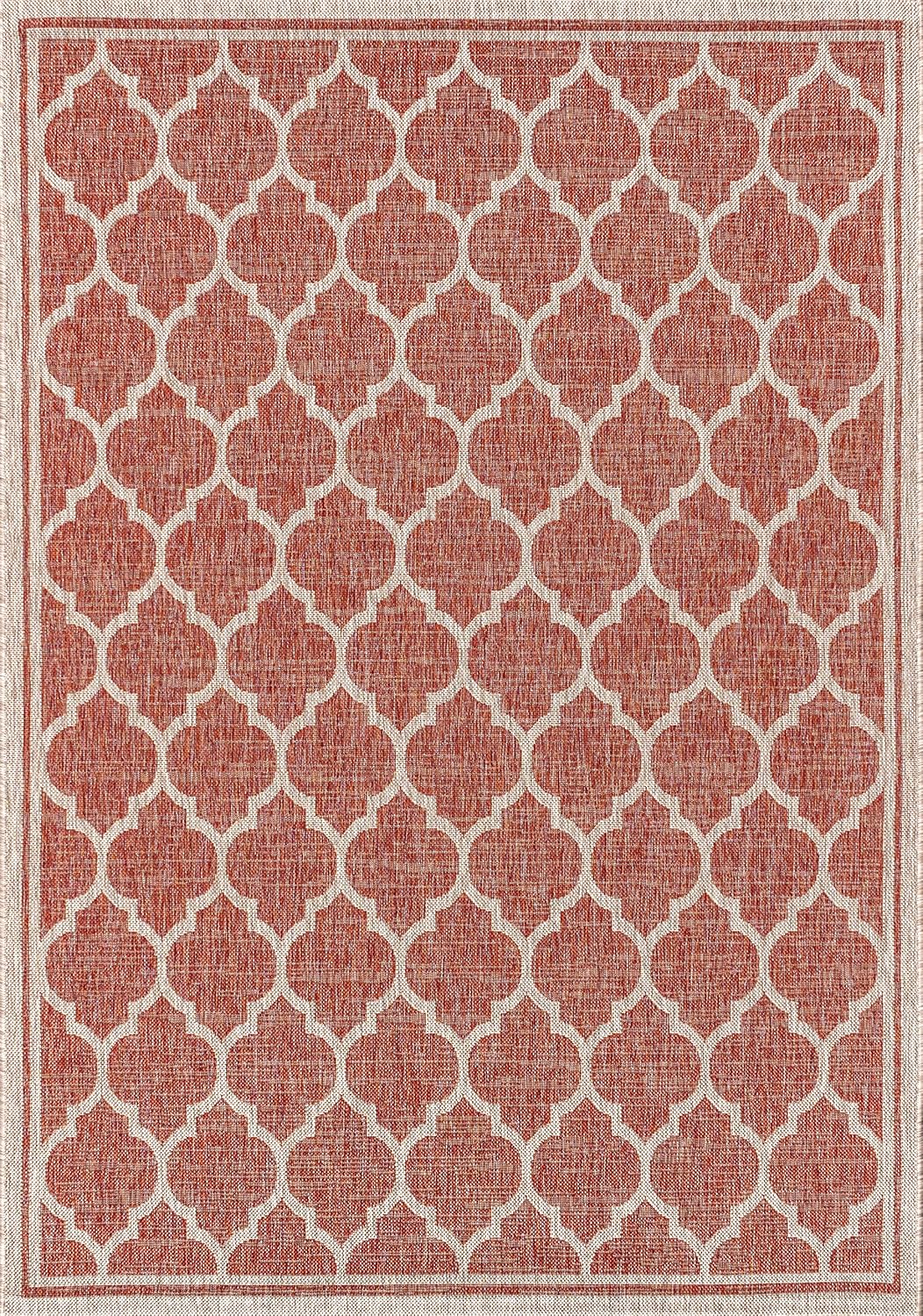 Eyely BMS109C-5 Santa Monica Trebol Moroccan Trellis Textured Weave Indoor/Outdoor Area Rug Coastal;Bohemian, Bedroom, Backyard, Patio, Easy-Cleaning, Non-Shedding, 5 X 8, Red/Beige