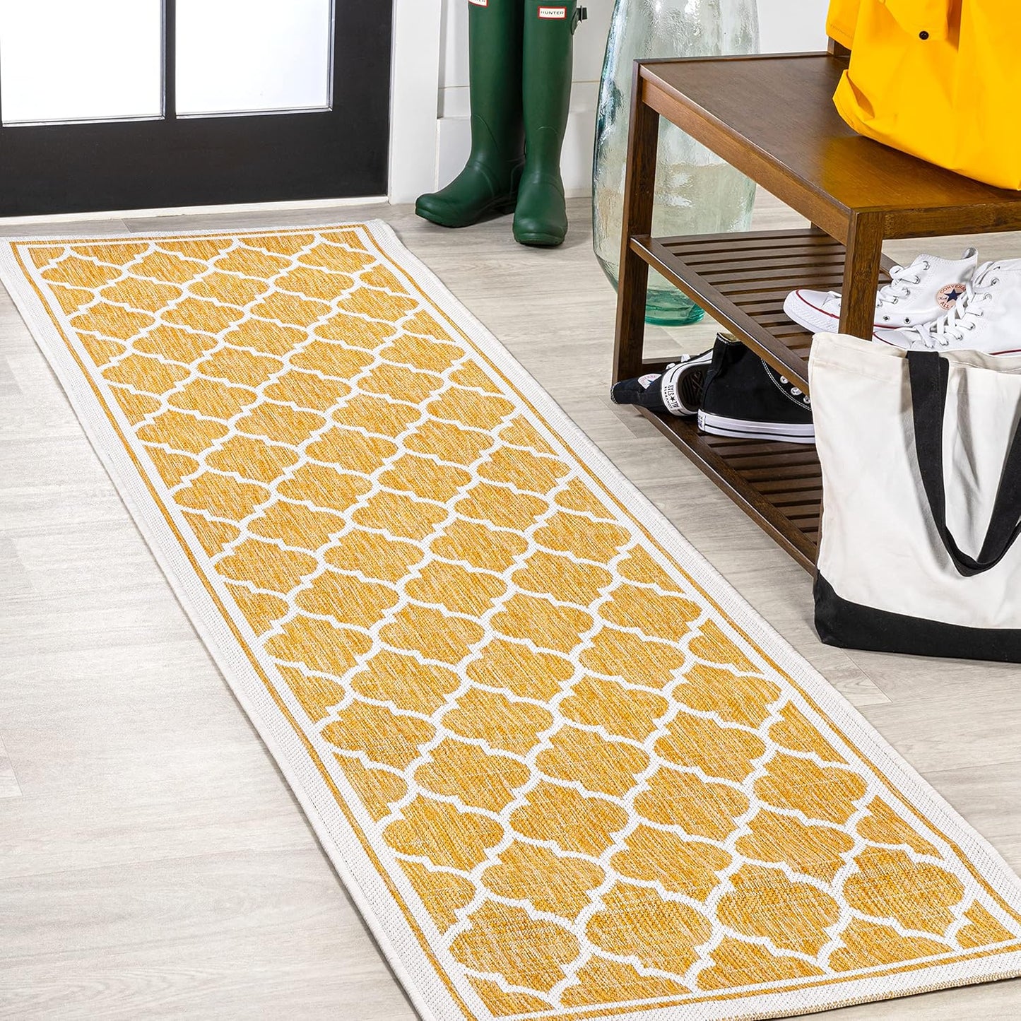 Eyely BMS109F-210 Santa Monica Trebol Moroccan Trellis Textured Weave Indoor/Outdoor Runner Rug Coastal;Bohemian, Bedroom, Backyard, Patio, Easy-Cleaning, Non-Shedding, 2 X 10, Yellow/Cream