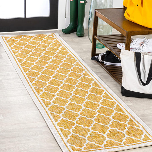 Eyely BMS109F-210 Santa Monica Trebol Moroccan Trellis Textured Weave Indoor/Outdoor Runner Rug Coastal;Bohemian, Bedroom, Backyard, Patio, Easy-Cleaning, Non-Shedding, 2 X 10, Yellow/Cream