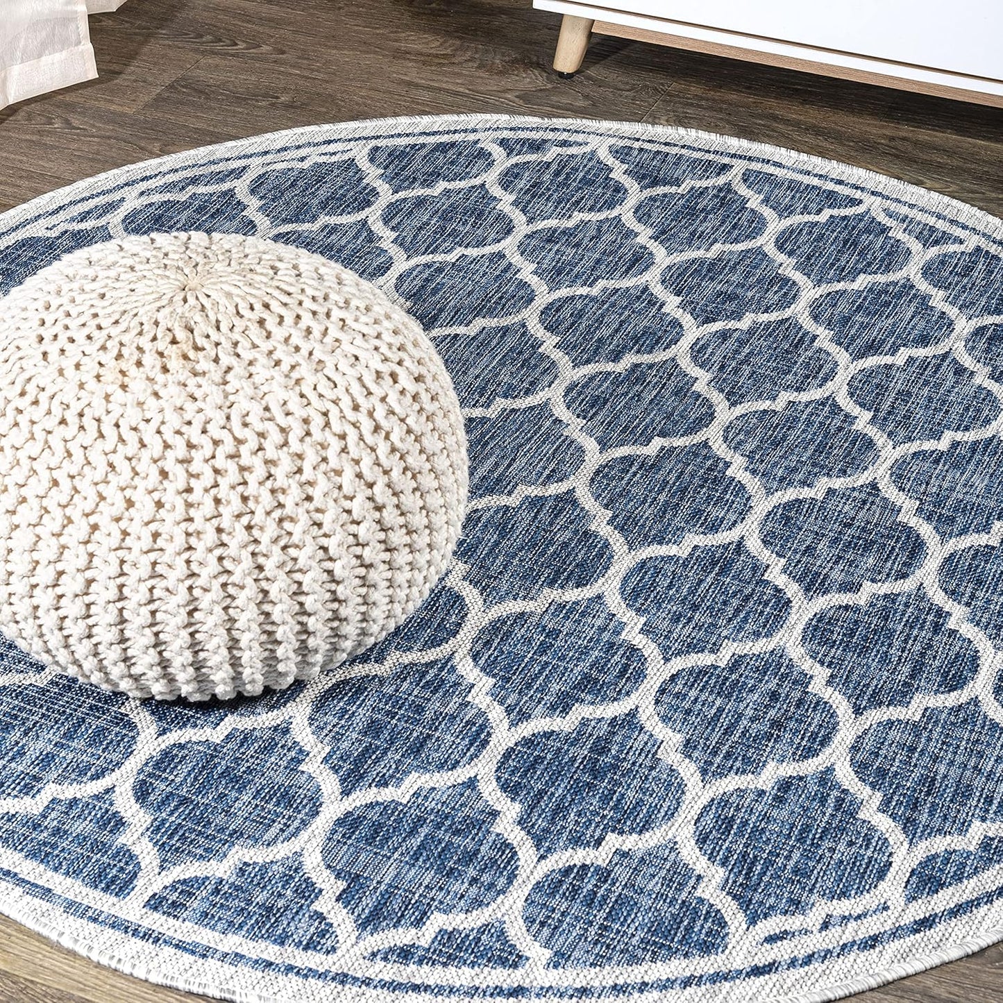 Eyely BMS109D-5R Santa Monica Trebol Moroccan Trellis Textured Weave Indoor/Outdoor Area Rug Coastal;Bohemian, Bedroom, Backyard, Patio, Easy-Cleaning, Non-Shedding, 5' Round, Navy/Gray