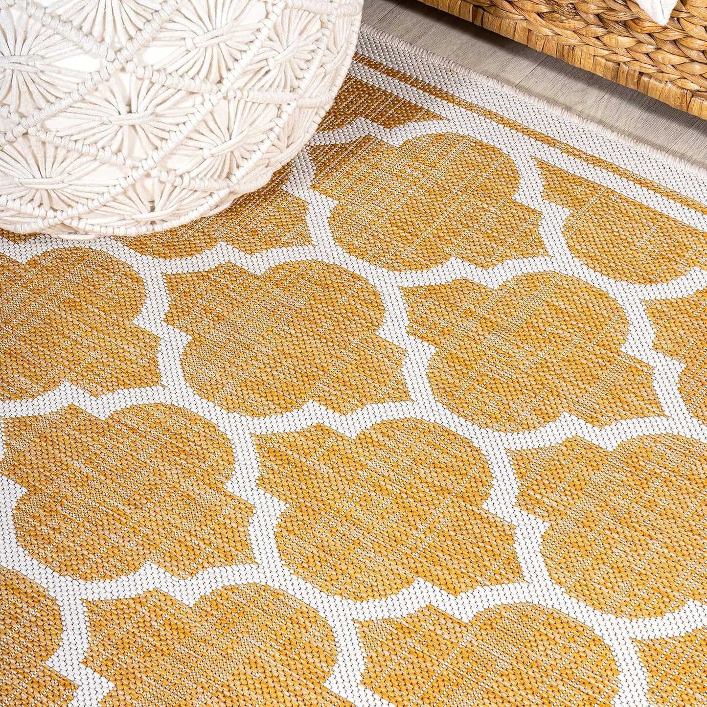 Eyely BMS109F-28 Santa Monica Trebol Moroccan Trellis Textured Weave Indoor/Outdoor Runner Rug Coastal;Bohemian, Bedroom, Backyard, Patio, Easy-Cleaning, Non-Shedding, 2 X 8, Yellow/Cream