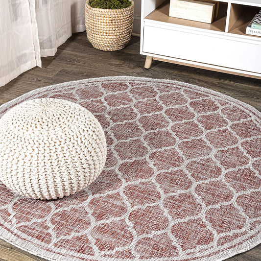 Eyely BMS109C-4R Santa Monica Trebol Moroccan Trellis Textured Weave, Pet Friendly, Non-Shedding, Stain Resistant, Easy-Cleaning, Red/Beige, 4' Round, Indoor/Outdoor, Area Rug