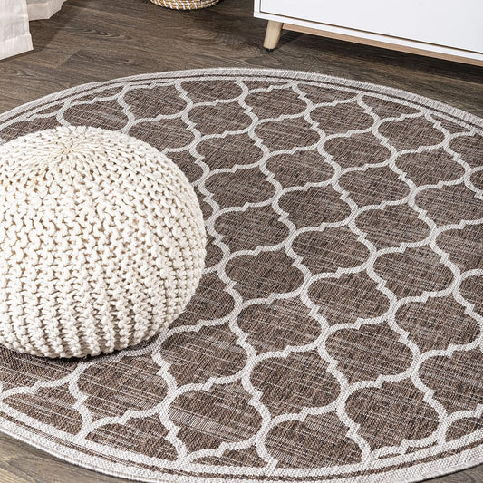 Eyely BMS109B-4R Santa Monica Trebol Moroccan Trellis Textured Weave, Pet Friendly, Non-Shedding, Stain Resistant, Easy-Cleaning, Espresso/Taupe, 4' Round, Indoor/Outdoor, Area Rug