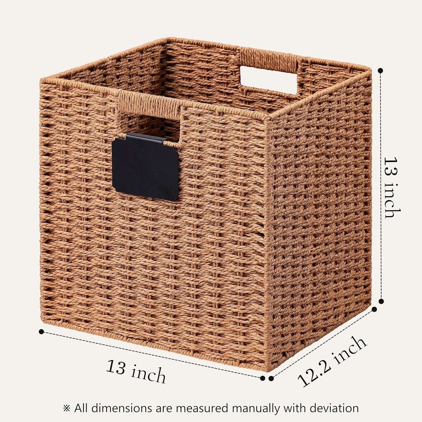 UBBCARE 2 Pack Wicker Basket, 13×13 Storage Cubes with Label, Foldable Cube Storage Bin with Handle, Square Storage Basket for Shelves, Woven Paper Rope Basket for Organizing, Caramel