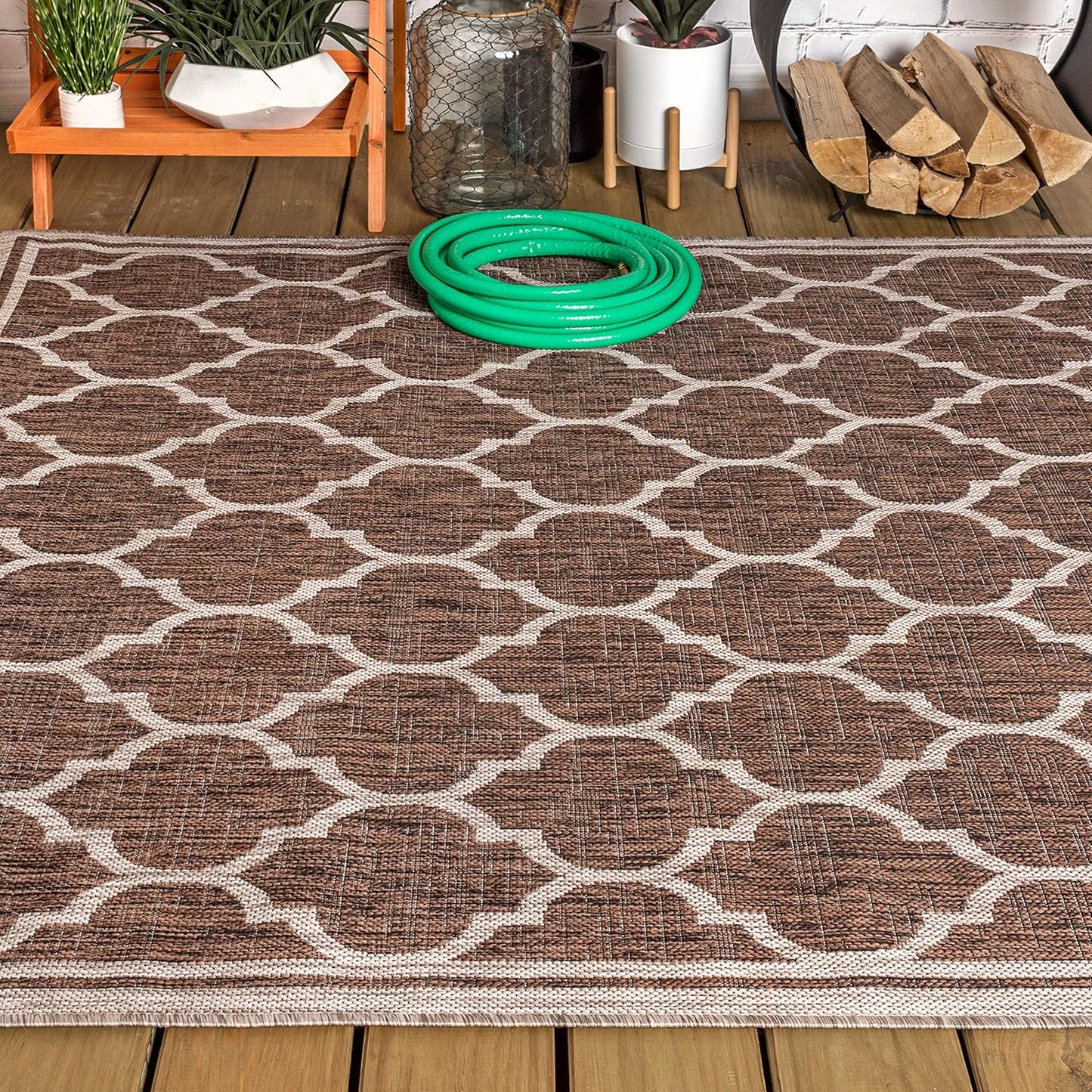 Eyely BMS109B-4 Santa Monica Trebol Moroccan Trellis Textured Weave Indoor/Outdoor Area Rug Coastal;Bohemian, Bedroom, Backyard, Patio, Easy-Cleaning, Non-Shedding, 4 X 6, Espresso/Taupe