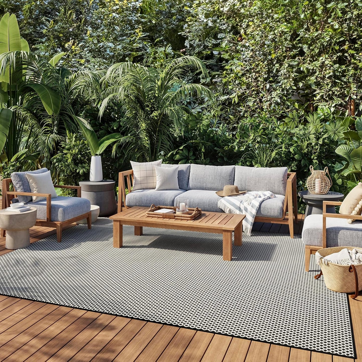 Nourison Home Courtyard Black White 8' x 10' Area Rug - Easy Clean, Non Shedding, Bed Room, Living Room, Dining Room, Kitchen (8' x 10')