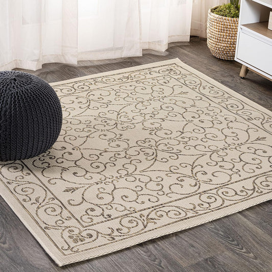 JONATHAN Y SMB106A-9SQ Charleston Vintage Filigree Textured Weave Beige/Brown 9' Square Indoor/Outdoor Area Rug, Pet Friendly, Non-Shedding, Stain Resistant, Easy-Cleaning for Backyard, Patio, Porch