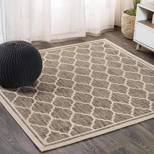 Eyely BMS109A-5SQ Santa Monica Trebol Moroccan Trellis Textured Weave Indoor/Outdoor Area Rug Coastal;Bohemian, Bedroom, Backyard, Patio, Easy-Cleaning, Non-Shedding, 5' Square, Brown/Beige