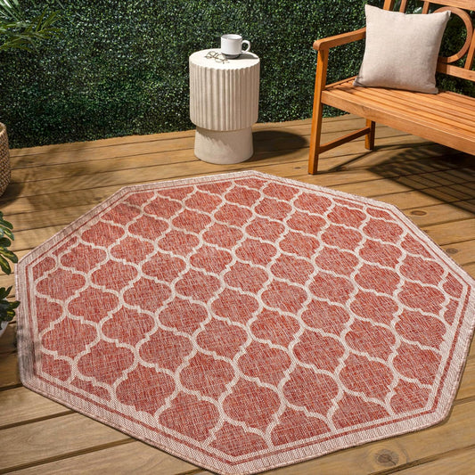Eyely BMS109C-5TGN Trebol Moroccan Trellis Textured Weave Red/Beige 5' Octagon Indoor/Outdoor Area Rug, Red/Beige, 5' Octagon, Indoor/Outdoor, Area Rug