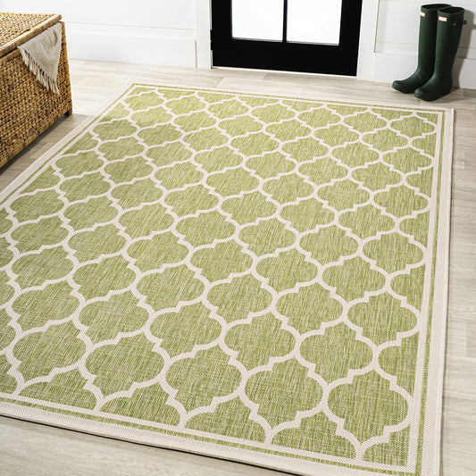 Eyely BMS109G-9 Santa Monica Trebol Moroccan Trellis Textured Weave Indoor/Outdoor Area Rug Coastal;Bohemian, Bedroom, Backyard, Patio, Easy-Cleaning, Non-Shedding, 9 X 12, Green/Cream