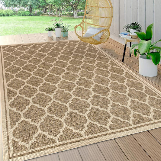 Eyely BMS109A-9 Santa Monica Trebol Moroccan Trellis Textured Weave Indoor/Outdoor Area Rug Coastal;Bohemian, Bedroom, Backyard, Patio, Easy-Cleaning, Non-Shedding, 9 X 12, Brown/Beige