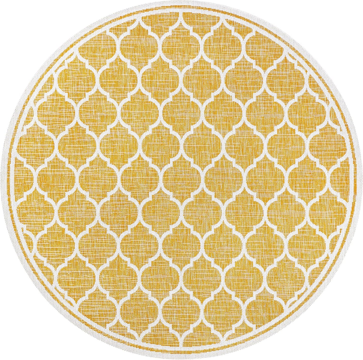 Eyely BMS109F-5R Santa Monica Trebol Moroccan Trellis Textured Weave Indoor/Outdoor Area Rug Coastal;Bohemian, Bedroom, Backyard, Patio, Easy-Cleaning, Non-Shedding, 5' Round, Yellow/Cream
