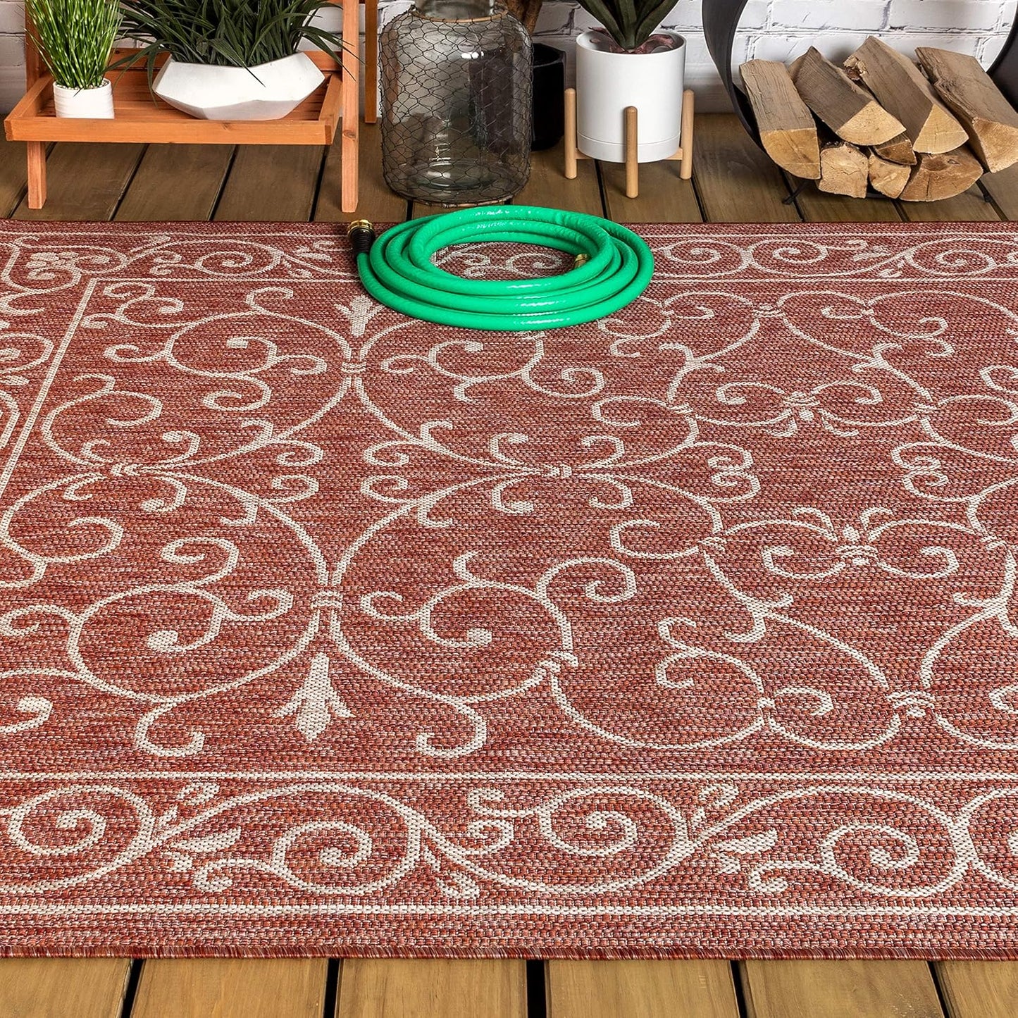 JONATHAN Y SMB106B-9 Charleston Vintage Filigree Textured Weave Indoor Outdoor Area Rug Classic Coastal Easy Cleaning Bedroom Kitchen Backyard Patio Non Shedding, 9 X 12, Red/Beige
