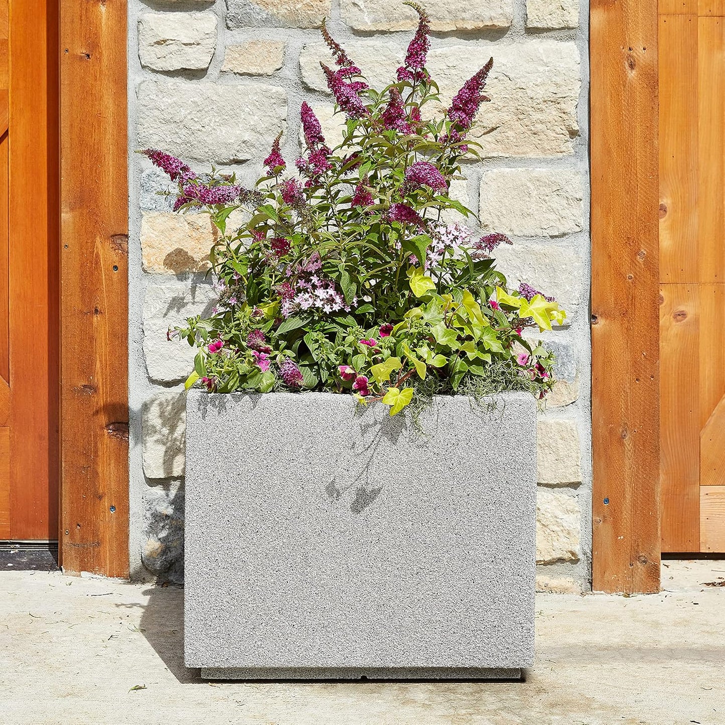 PolyStone Monterray Modern Outdoor/Indoor Square Planter, 23" L x 23" W x 19" H, Lightweight, Heavy Duty, Weather Resistant, Polymer Finish, Commercial Grade and Residential (Gray Granite)
