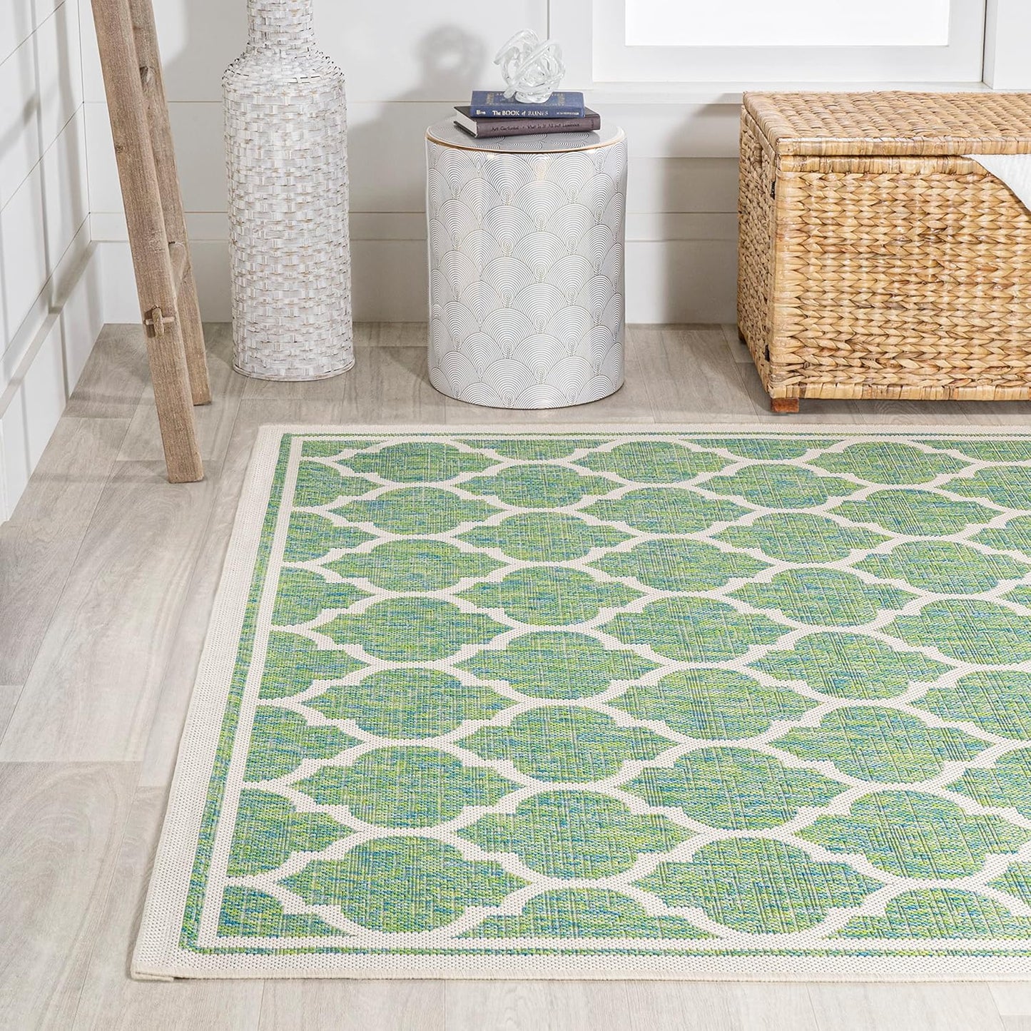 Eyely BMS109I-8 Santa Monica Trebol Moroccan Trellis Textured Weave Indoor/Outdoor Area Rug Coastal;Bohemian, Bedroom, Backyard, Patio, Easy-Cleaning, Non-Shedding, 8 X 10, Cream/Green