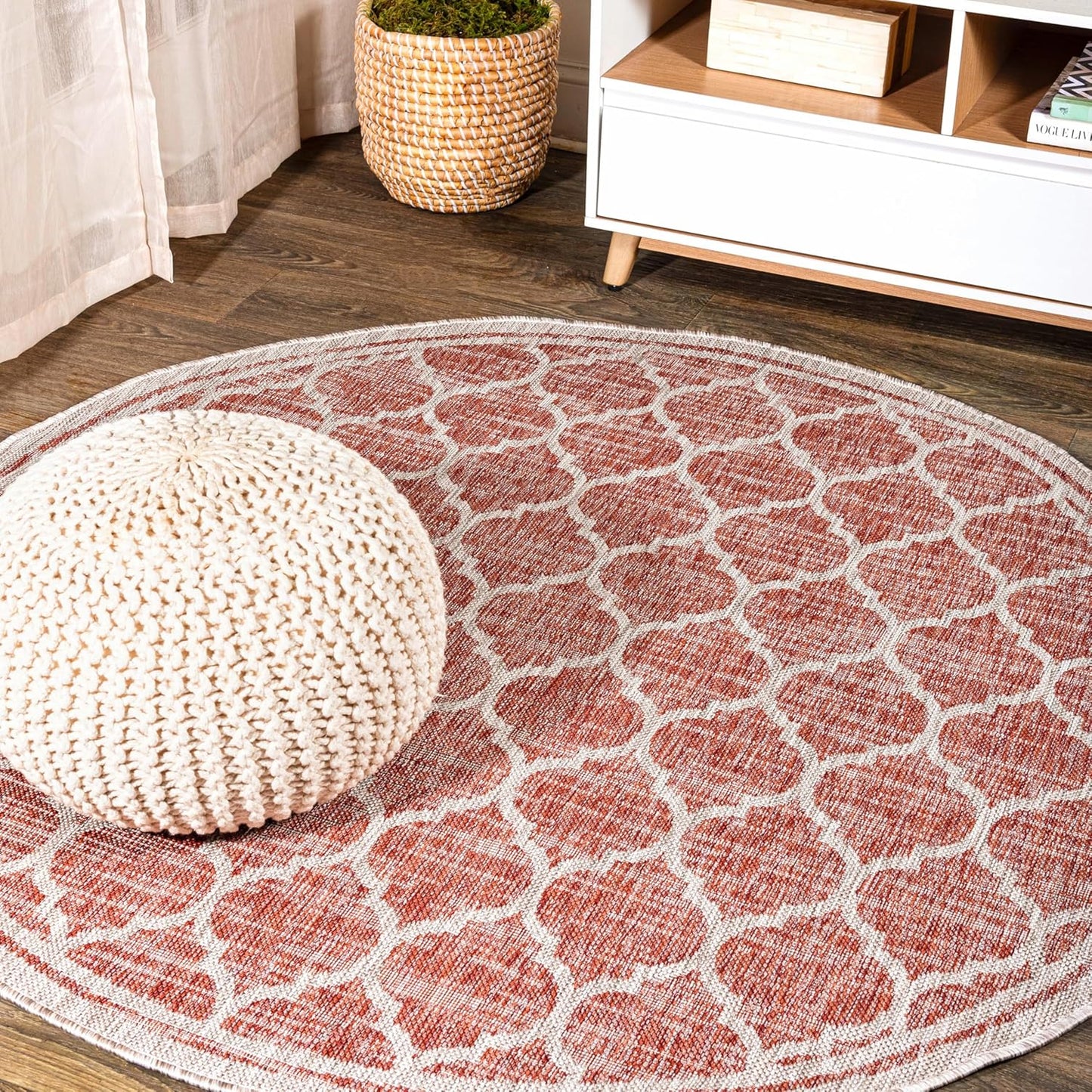 Eyely BMS109C-5R Santa Monica Trebol Moroccan Trellis Textured Weave Indoor/Outdoor Area Rug Coastal;Bohemian, Bedroom, Backyard, Patio, Easy-Cleaning, Non-Shedding, 5' Round, Red/Beige