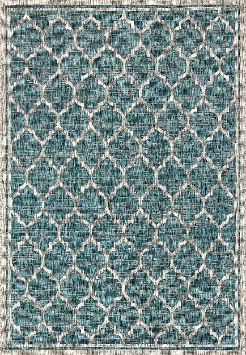 Eyely BMS109E-4 Santa Monica Trebol Moroccan Trellis Textured Weave Indoor/Outdoor Area Rug Coastal;Bohemian, Bedroom, Backyard, Patio, Easy-Cleaning, Non-Shedding, 4 X 6, Teal/Gray