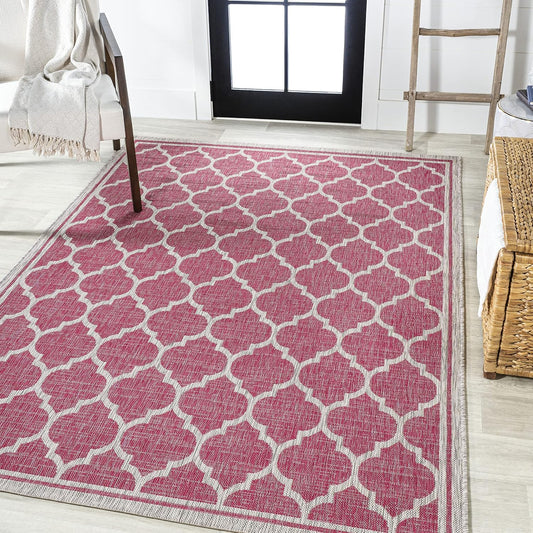 Eyely BMS109H-5 Santa Monica Trebol Moroccan Trellis Textured Weave Indoor/Outdoor Area Rug Coastal;Bohemian, Bedroom, Backyard, Patio, Easy-Cleaning, Non-Shedding, 5 X 8, Fuchsia/Light Gray