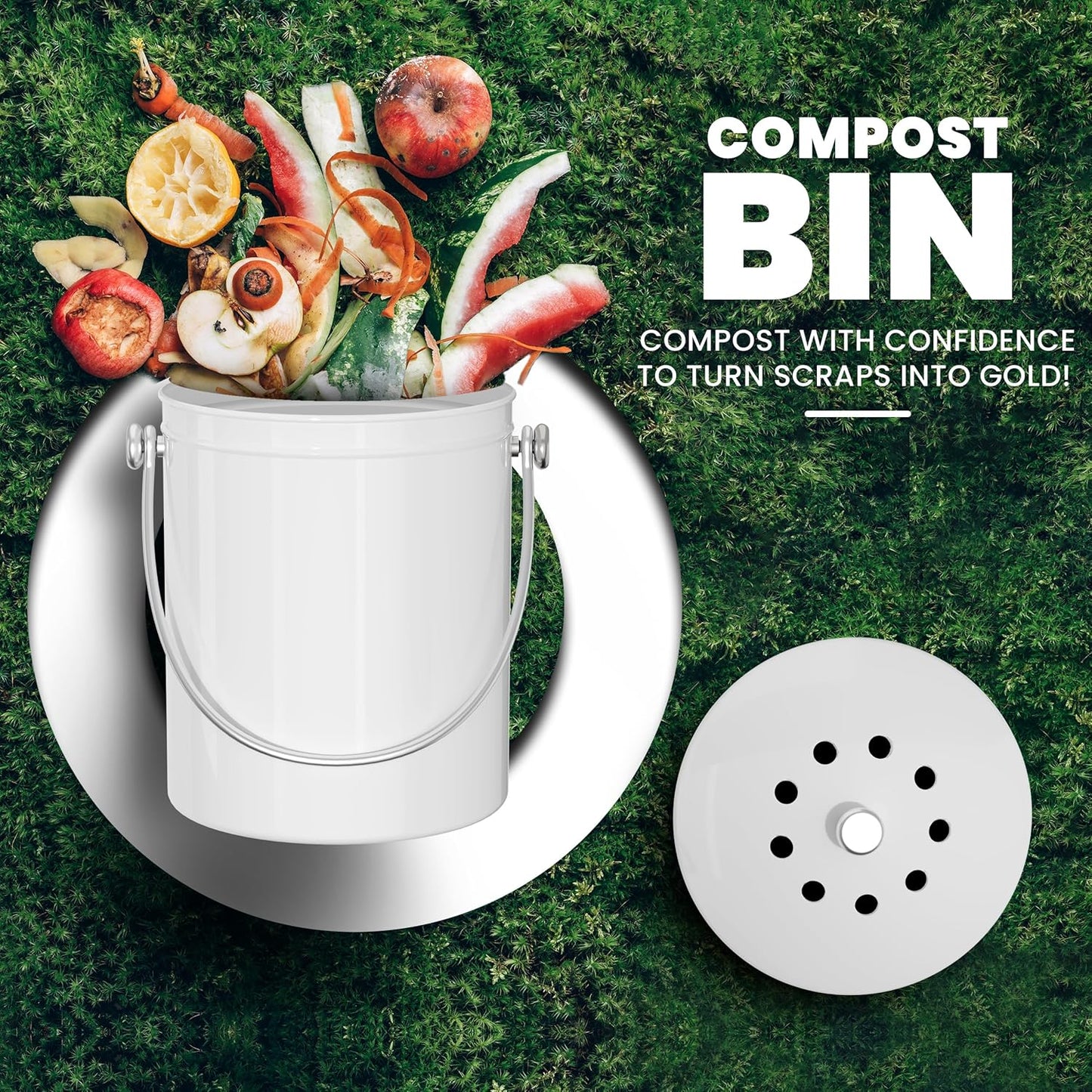 Utopia Kitchen Compost Bin for Kitchen Countertop, 1.3 Gallon Compost Bucket for Kitchen with Lid, Includes 1 Spare Charcoal Filter (White)