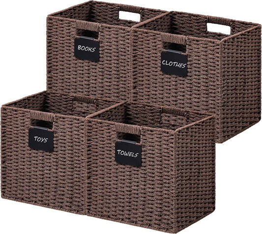 UBBCARE 4 Pack Wicker Basket, 13×13 Storage Cubes with Label, Foldable Cube Storage Bin with Handle, Square Storage Basket for Shelves, Woven Paper Rope Basket for Organizing, Brown