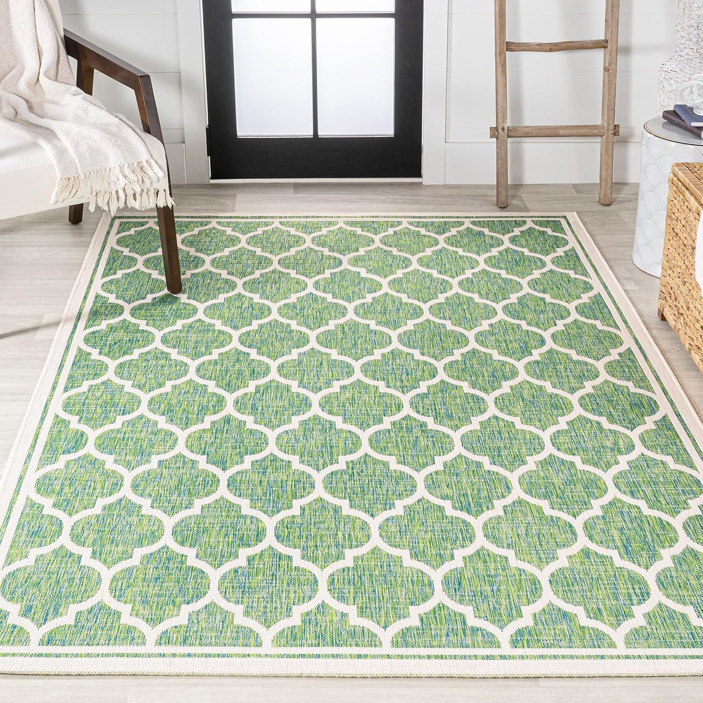 Eyely BMS109I-9 Santa Monica Trebol Moroccan Trellis Textured Weave Indoor/Outdoor Area Rug Coastal;Bohemian, Bedroom, Backyard, Patio, Easy-Cleaning, Non-Shedding, 9 X 12, Cream/Green