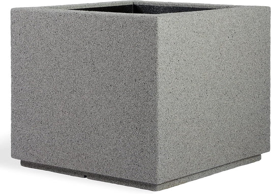 PolyStone Monterray Modern Outdoor/Indoor Square Planter, 23" L x 23" W x 19" H, Lightweight, Heavy Duty, Weather Resistant, Polymer Finish, Commercial Grade and Residential (Gray Granite)