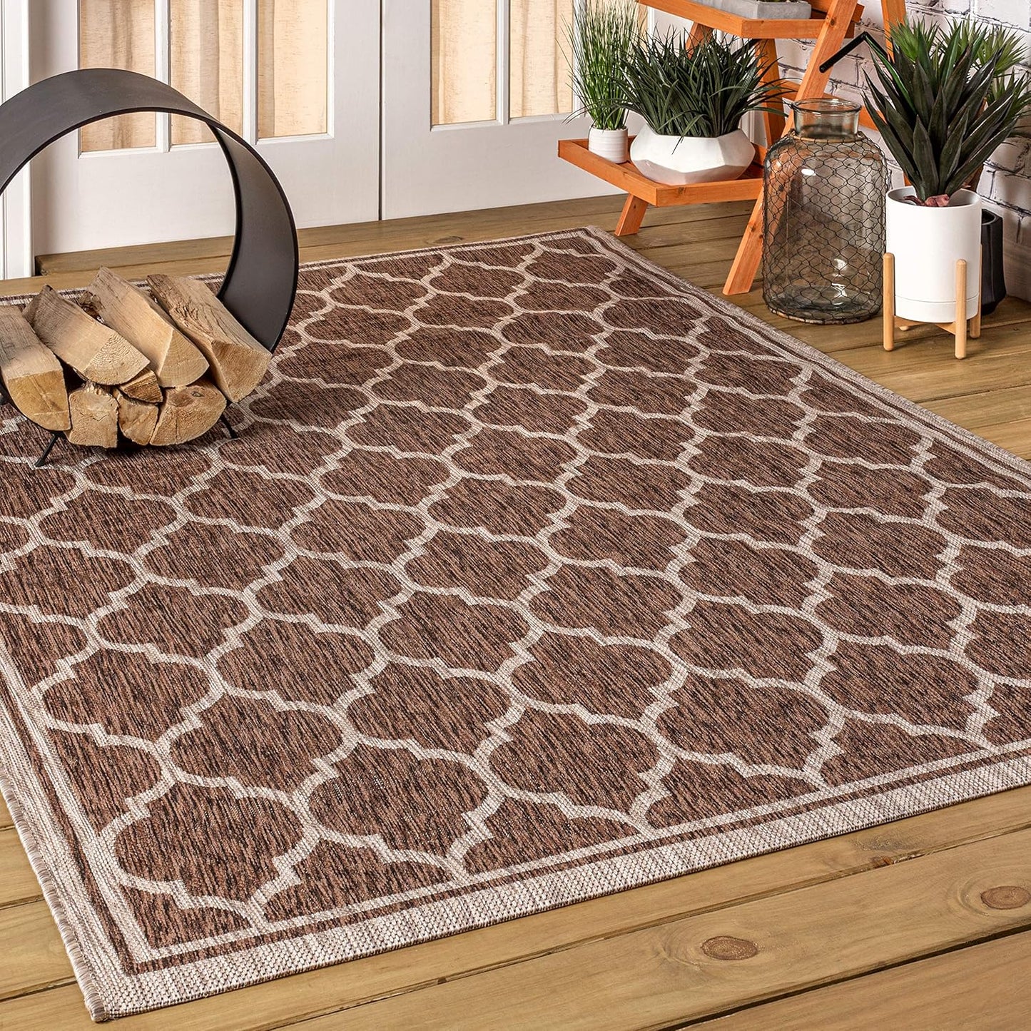 Eyely BMS109B-5 Santa Monica Trebol Moroccan Trellis Textured Weave Indoor/Outdoor Area Rug Coastal;Bohemian, Bedroom, Backyard, Patio, Easy-Cleaning, Non-Shedding, 5 X 8, Espresso/Taupe