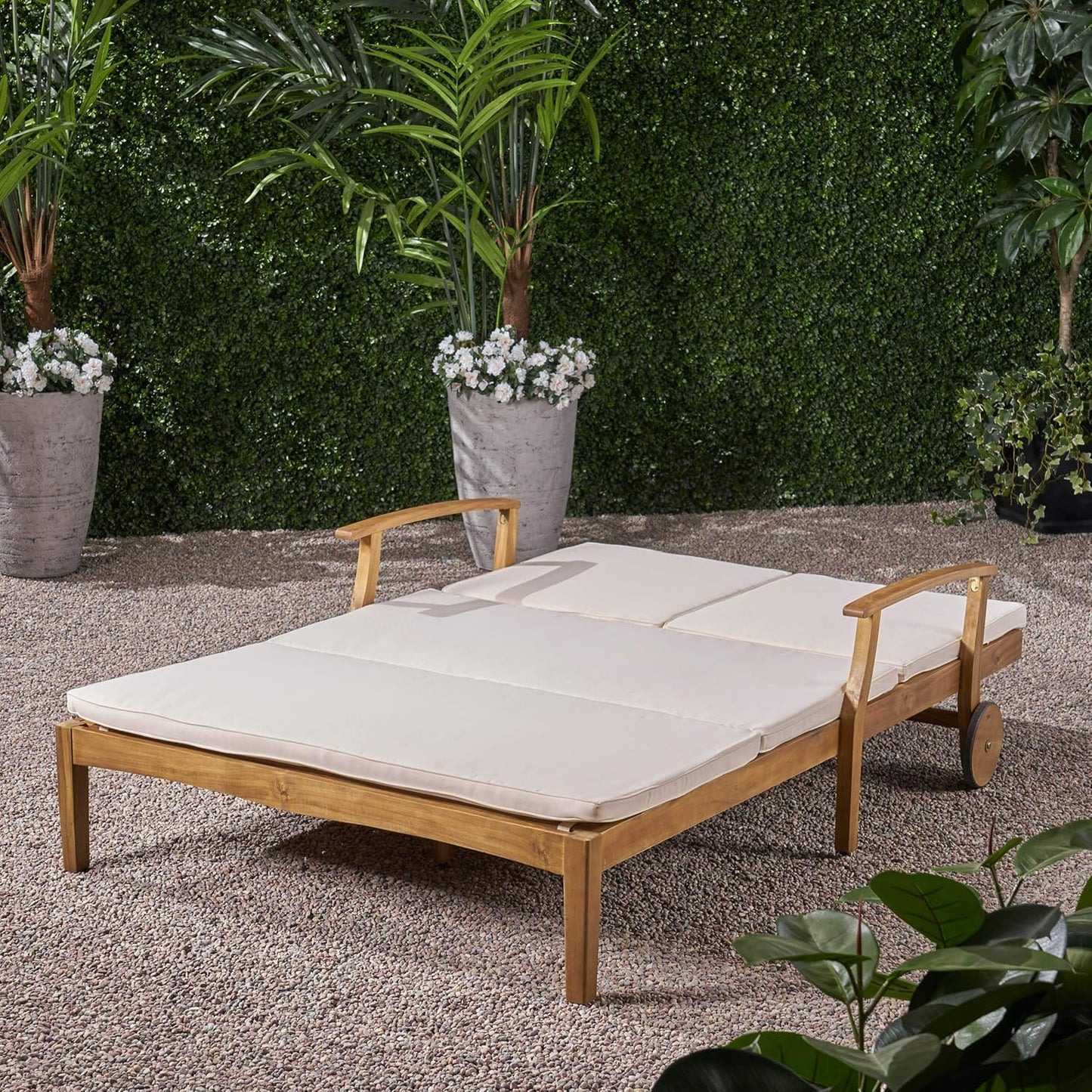 Great Deal Furniture Samantha Double Chaise Lounge for Yard and Patio, Acacia Wood Frame, Teak Finish with Cream Cushions, (307569)
