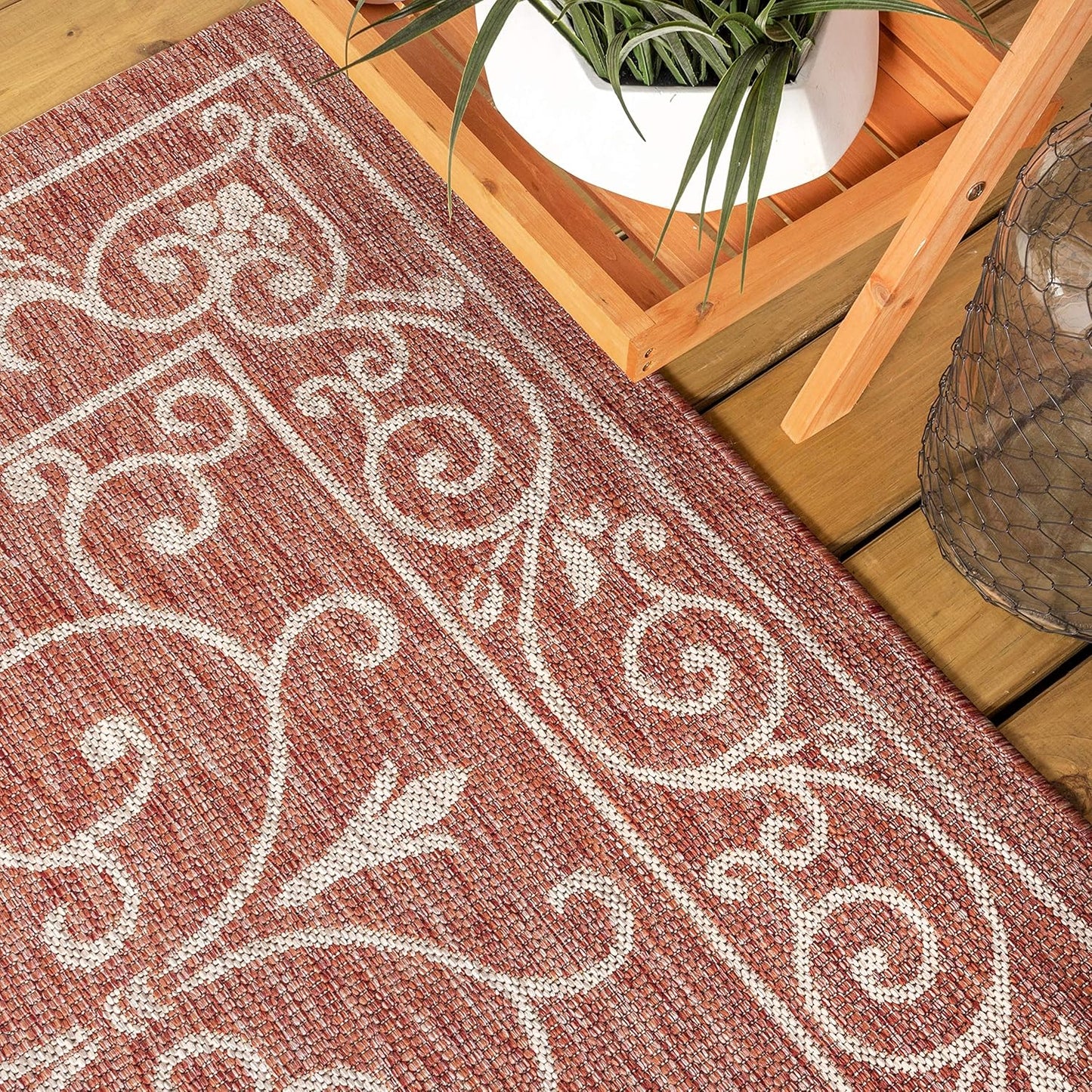 JONATHAN Y SMB106B-210 Charleston Vintage Filigree Textured Weave Indoor Outdoor Runner Rug Classic Coastal Easy-Cleaning Bedroom Kitchen Backyard Patio Non Shedding, 2 X 10, Red/Beige