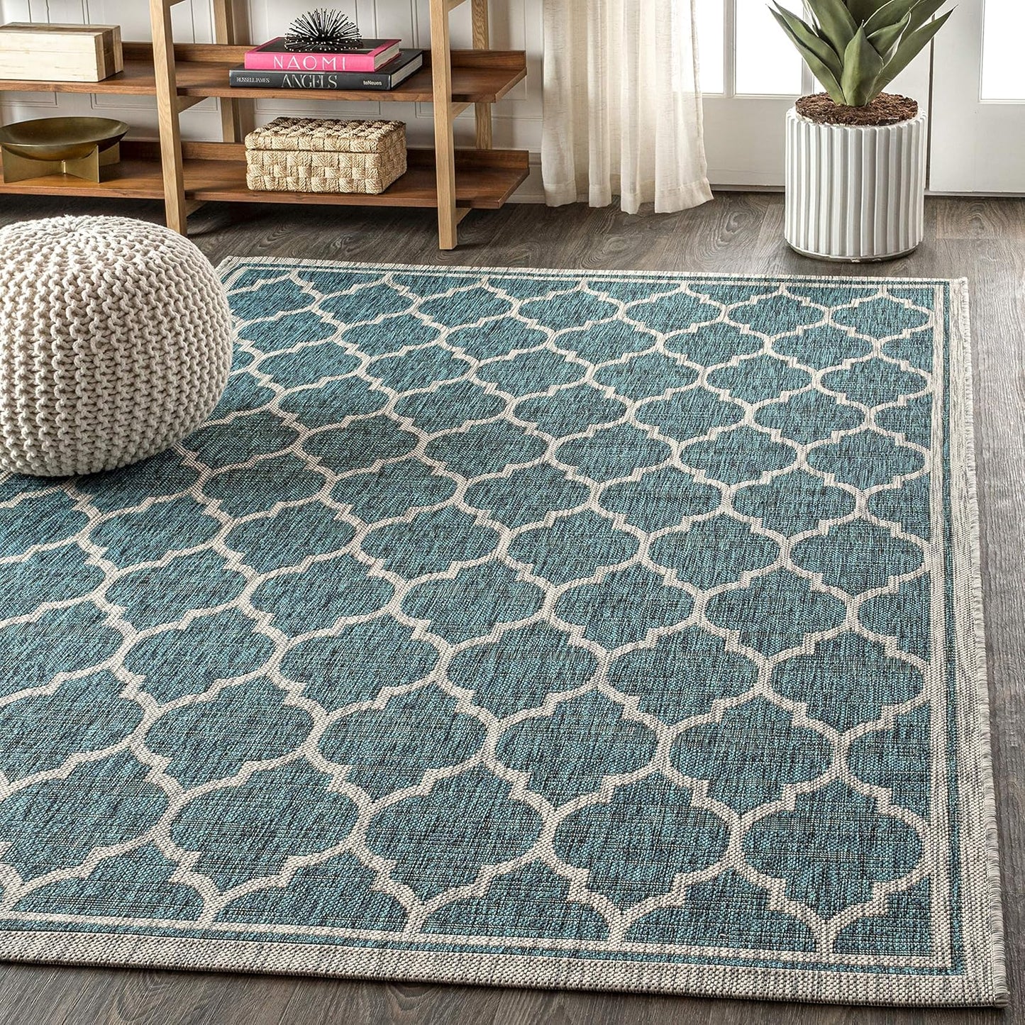 Eyely BMS109E-4 Santa Monica Trebol Moroccan Trellis Textured Weave Indoor/Outdoor Area Rug Coastal;Bohemian, Bedroom, Backyard, Patio, Easy-Cleaning, Non-Shedding, 4 X 6, Teal/Gray