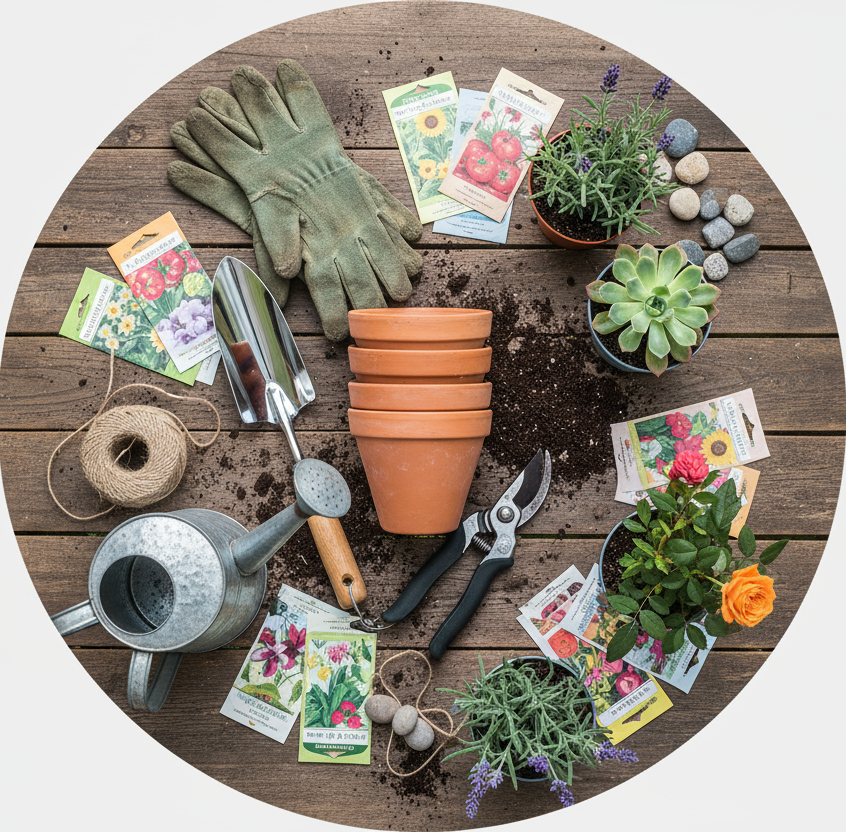 circle photo of garden supplies, make a real photo